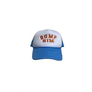 Blue and White Trucker Hat with Orange Text ‘DUMP HIM’